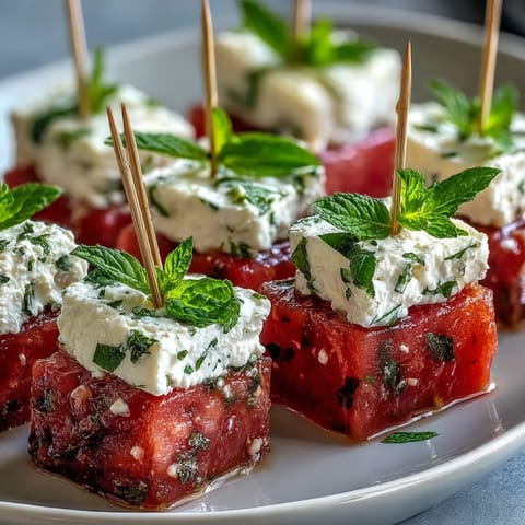 Delectable watermelon feta bites on toothpicks, a vibrant, refreshing summer appetizer.