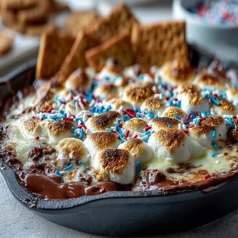 Gooey 4th of July S'mores Dip in cast iron, ready for dipping.