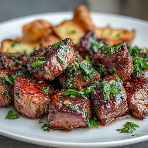 Tender Garlic Butter Steak Bites and Potatoes, seared golden-brown with herbs.