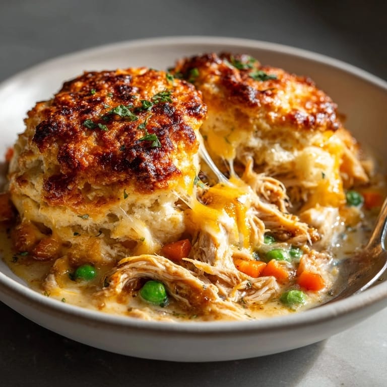 Homemade Cheddar Chicken Pot Pie – warm, savory filling peeking through golden biscuits.