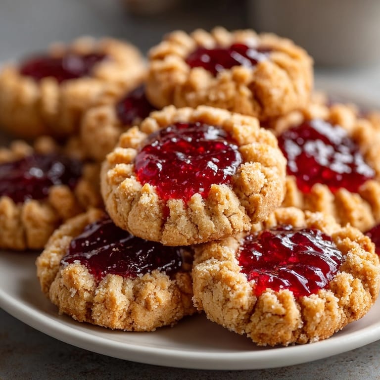 Soft and chewy PB&amp;J Thumbprint Cookies dusted with sugar, ready for snacking.
