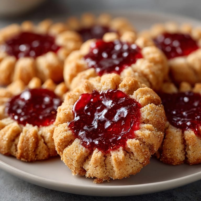 Homemade PB&amp;J Thumbprint Cookies with a peanut butter swirl and sweet jam center.