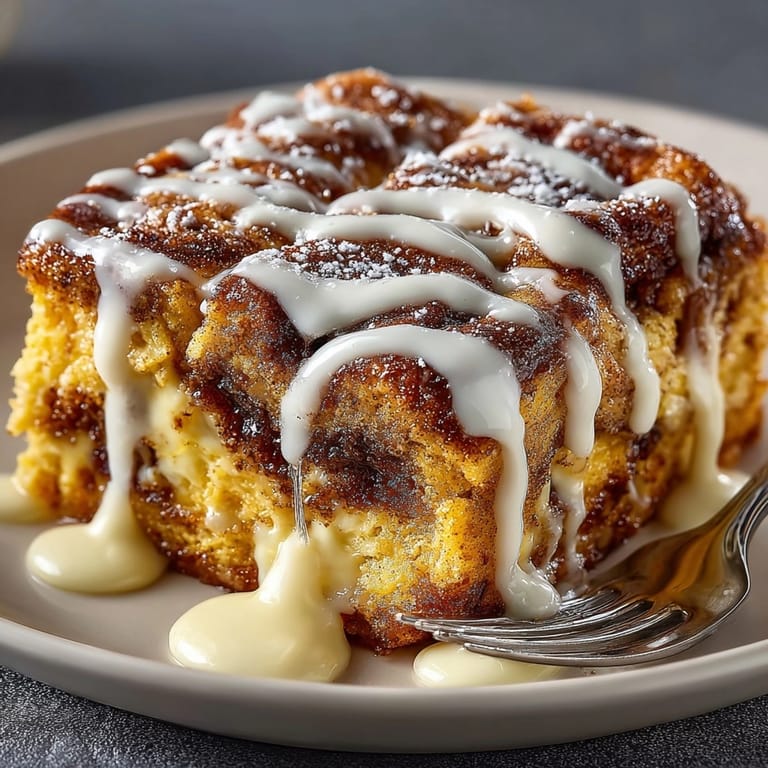 Close-up of a gooey Cinnamon Roll Bread Pudding Squares promising pure, indulgent flavors.
