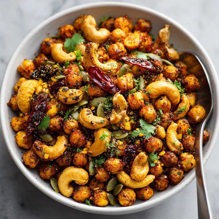 Savory Chili-Lime Chickpea Snack Mix recipe: crunchy, spicy, and delightfully citrusy closeup.