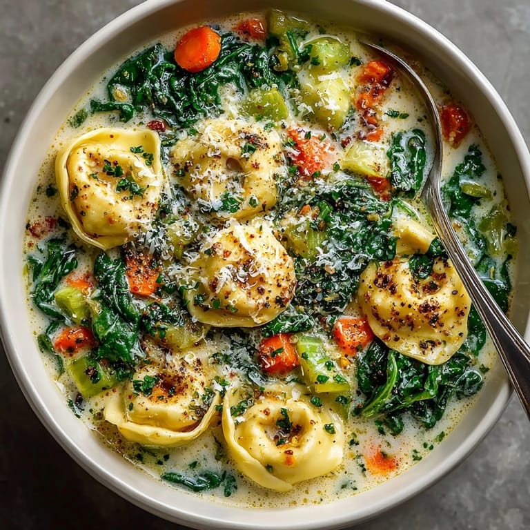 Delicious Creamy Spinach Tortellini Soup ready to serve, a simple weeknight dinner idea for busy families.
