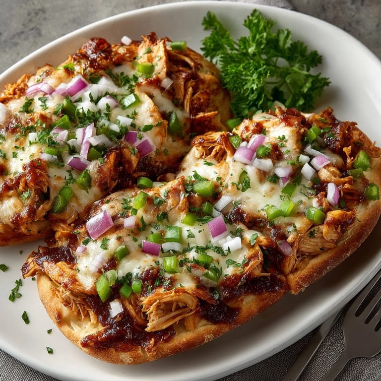 Golden-brown BBQ Chicken Flatbread Melts bubbling with melted cheese, ready to serve.