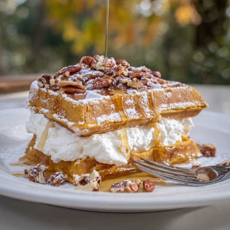 Stacking Ricotta Pumpkin Waffles: Pumpkin spice aroma, creamy ricotta cheese, maple syrup drizzle.