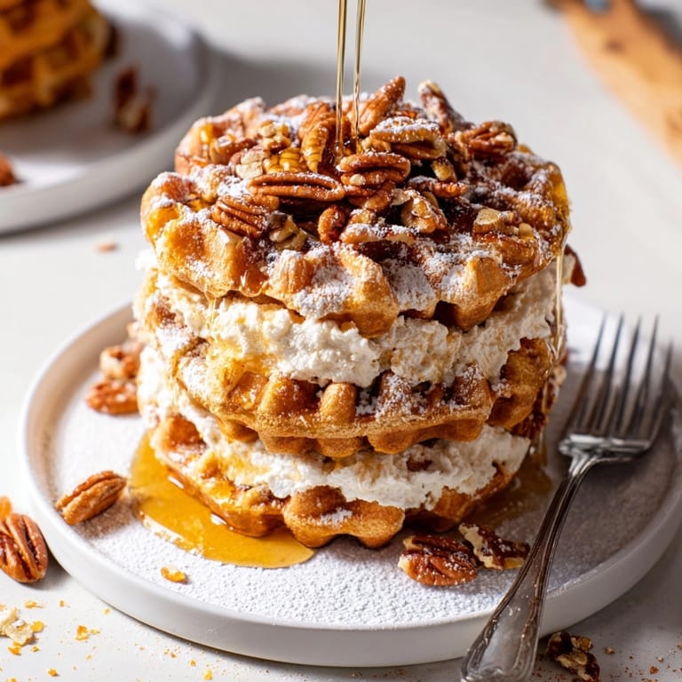 Elevated view of homemade Ricotta Pumpkin Waffle Stacks, drizzled maple, powdered sugar touch.