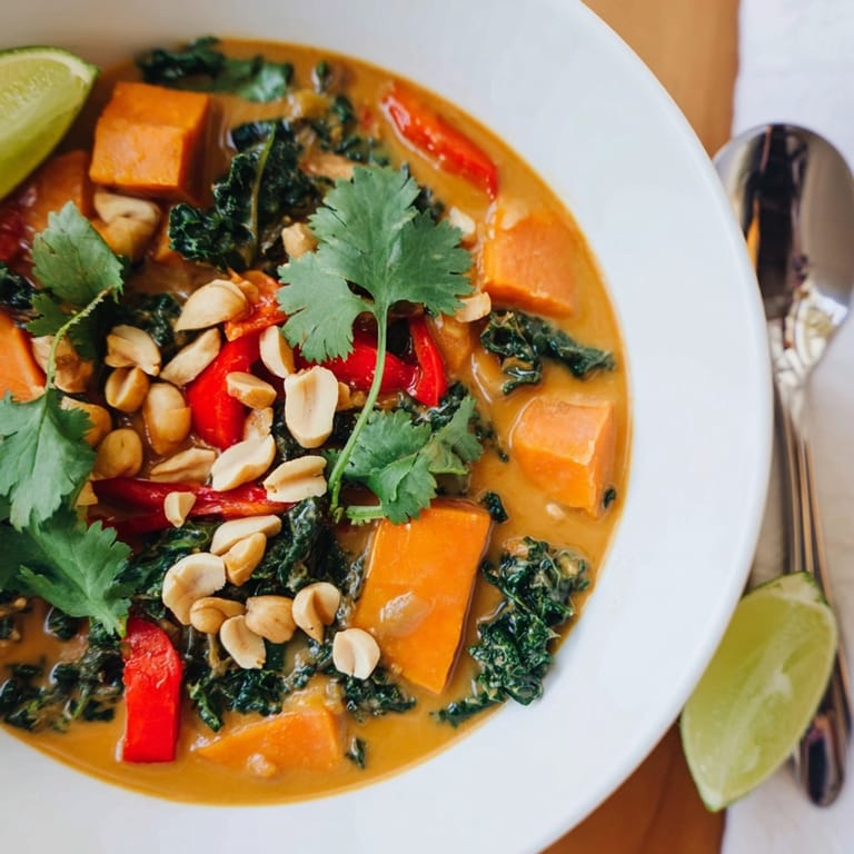 Close-up of savory Thai Peanut Kale Veggie Stew, loaded with hearty, tender veggies.