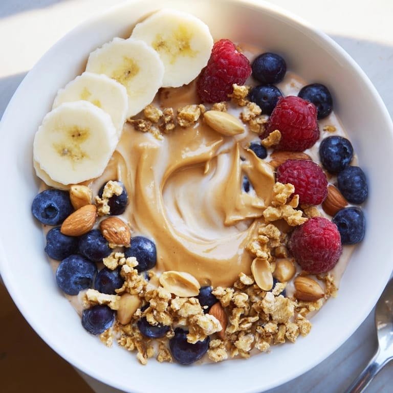 A colorful, textured Protein Peanut Butter Breakfast Bowl being prepared for a quick, nutritious breakfast.