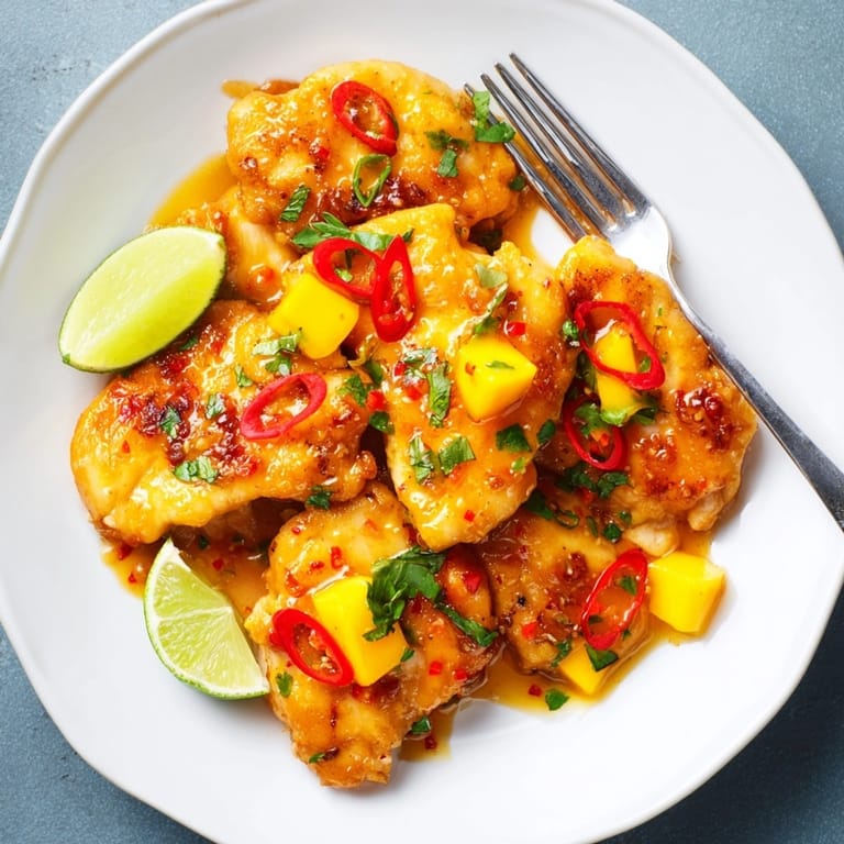 Easy, gluten-free Mango Chili Garlic Chicken Skillet with vibrant colors promises flavorful weeknight dinner.