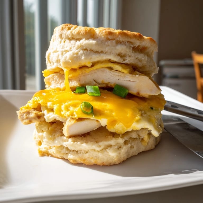 Spicy Cajun Chicken Breakfast Biscuits stack: hearty Southern flavors, perfect morning comfort food.