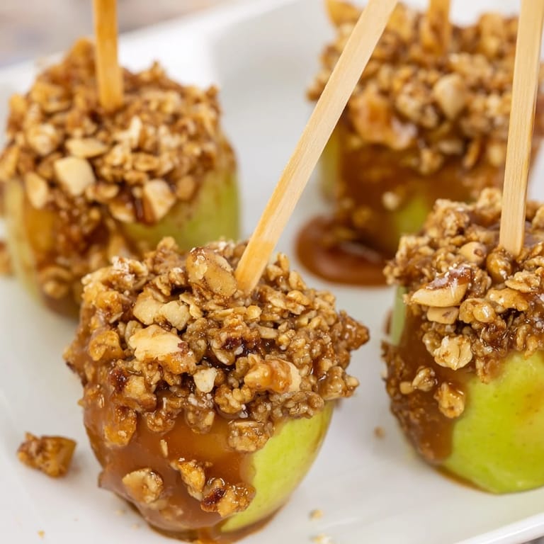 Nutty granola surrounds delightful caramel-dipped apple halves, ideal for party treats.