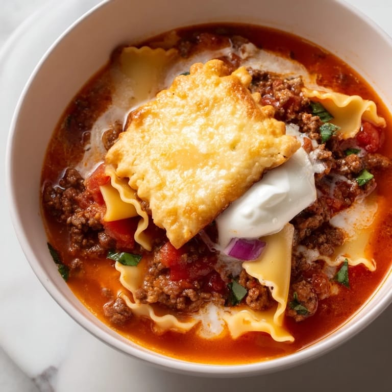 Comforting lasagne soup with creamy ricotta and savory biscuit melts alongside.