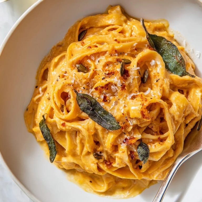 Creamy pumpkin sauce and crispy sage elevate this festive pumpkin pasta dish.  