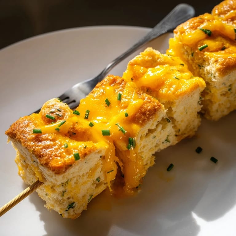 Deliciously golden Buffalo Ranch Cheddar Biscuit Skewers garnished with fresh chives.
