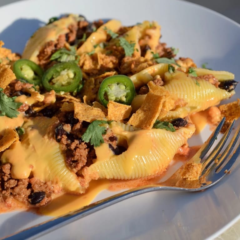 Delicious Tex-Mex Taco Stuffed Shells overflowing with spiced beef and melted cheese.  