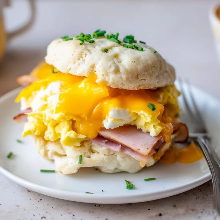 Light gluten-free cloud bread sandwich filled with scrambled eggs and delicious cheddar.