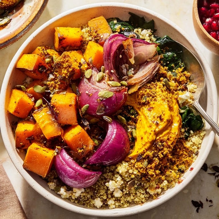 Delicious roasted vegetable winter bowls with maple-pistachio topping and vibrant pomegranate.
