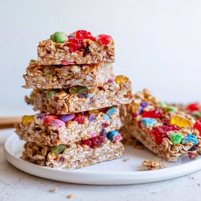 Vibrant freeze-dried candies and fruity gummies piled on a wholesome oat base.