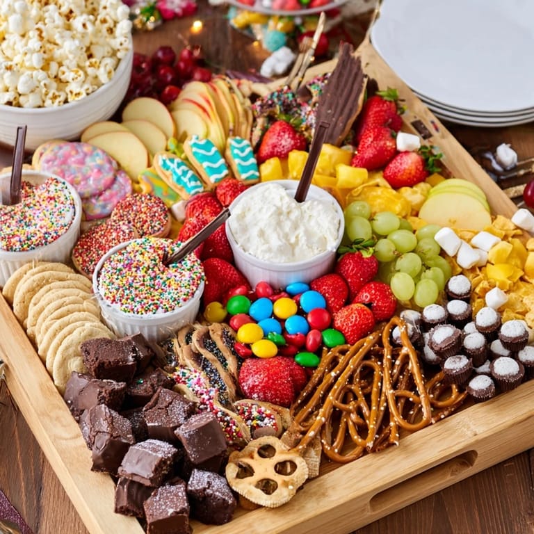 Delicious dessert board loaded with brownies, candies, and fresh fruits for gatherings.