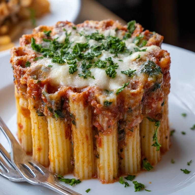 Mouthwatering Honeycomb Pasta Cake garnished with parsley, perfect for sharing with friends.