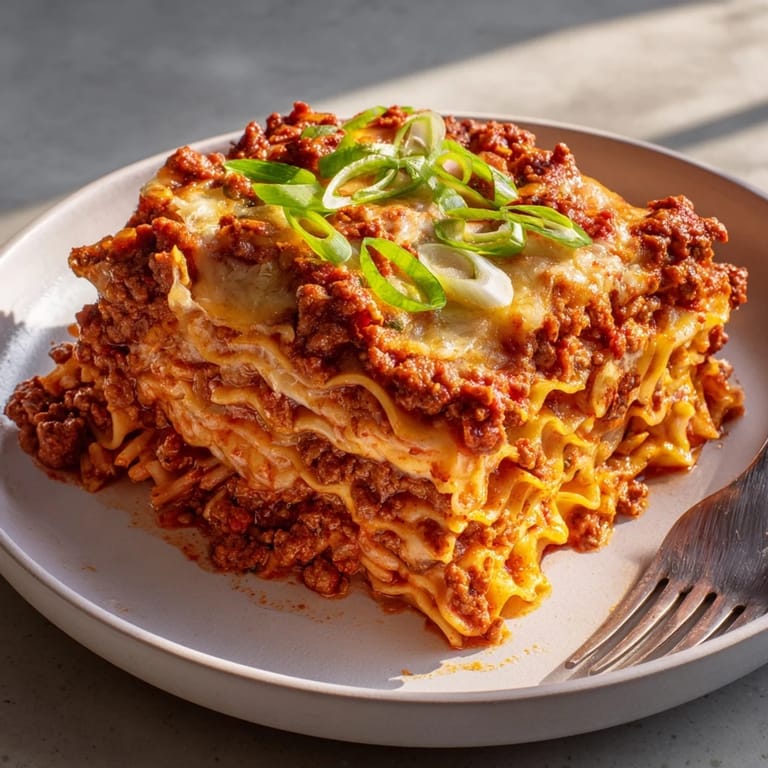Satisfying Spicy Ramen Lasagna ready to serve, garnished with fresh green onions.