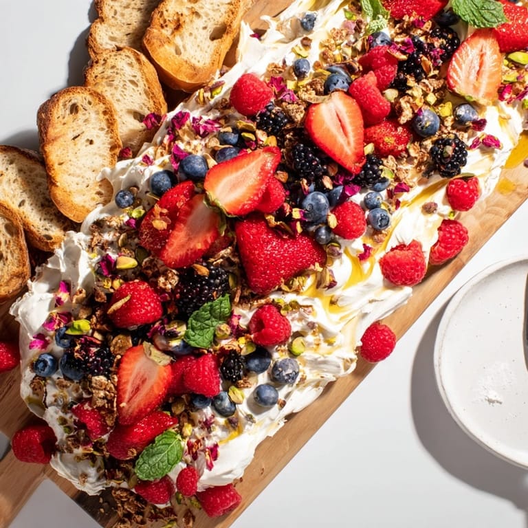 Indulgent butter board dessert presented with toasted bread and drizzled honey.
