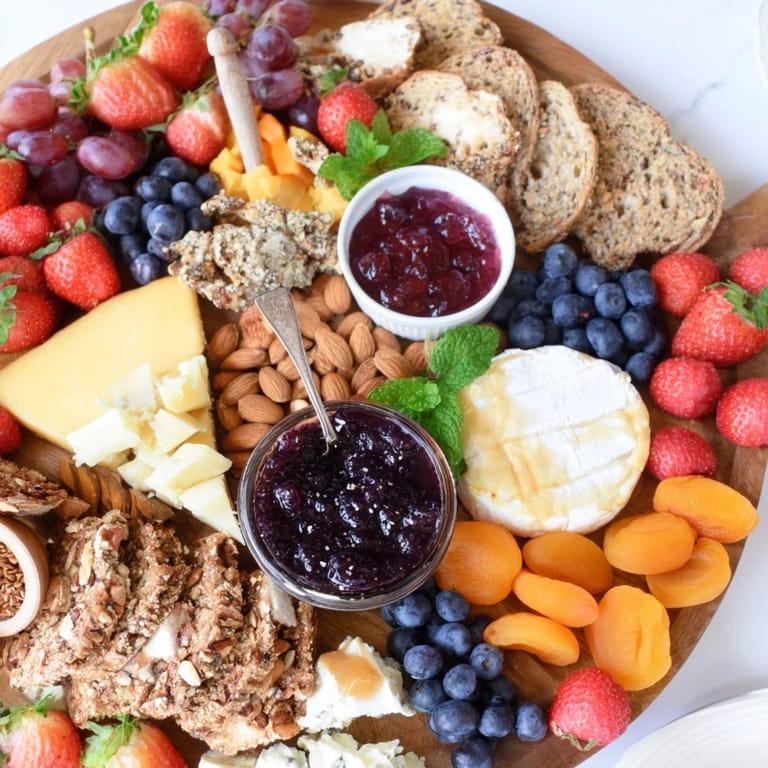 An inviting assortment of cheeses and jams on a stunning brunch board.