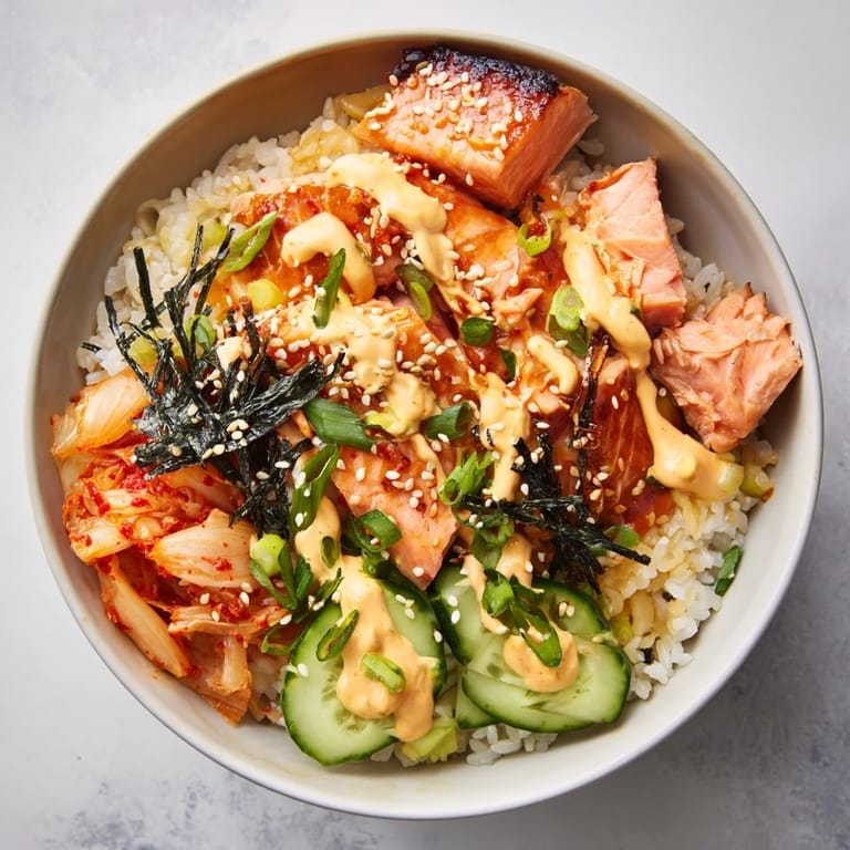 Flavorful crispy salmon rice bowl featuring fresh veggies and creamy avocado slices.