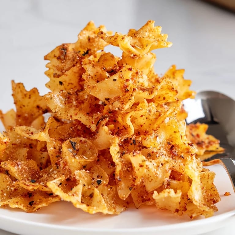 Seasoned pasta chips on a plate, crispy and bursting with flavor for sharing.