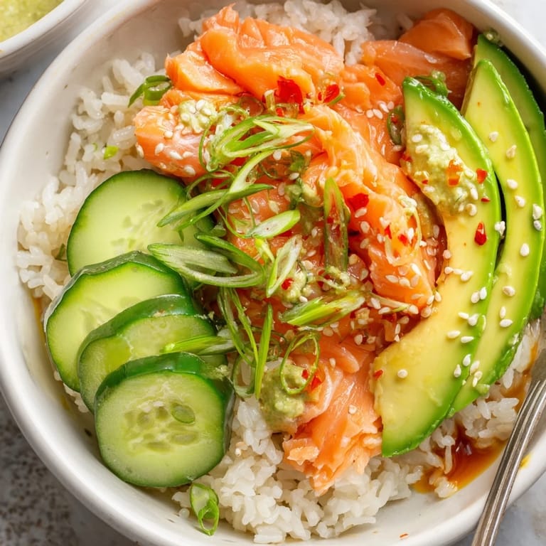 Vibrant leftover salmon & rice bowl, drizzled with soy sauce and sesame oil.  