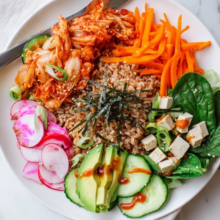 Wholesome Fermented Vegetable Bowl featuring vibrant kimchi, grains, and fresh greens.  