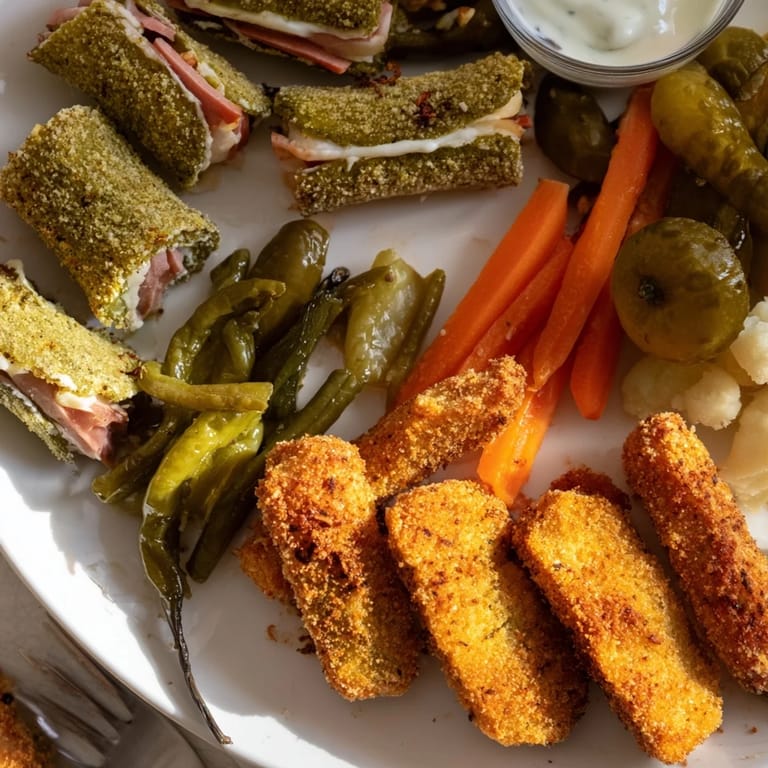 A vibrant platter showcasing fried pickles and assorted pickled vegetables for indulgence.  
