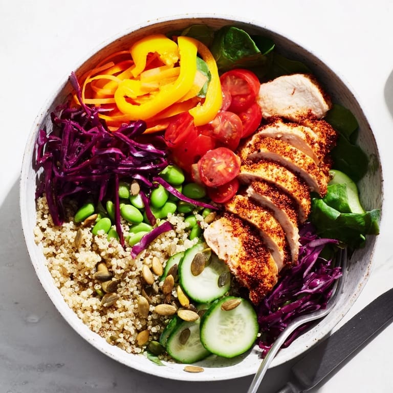 Vibrant Healthy Meal-Prep Bowls featuring grilled chicken and zesty dressing for tasty nourishment.  