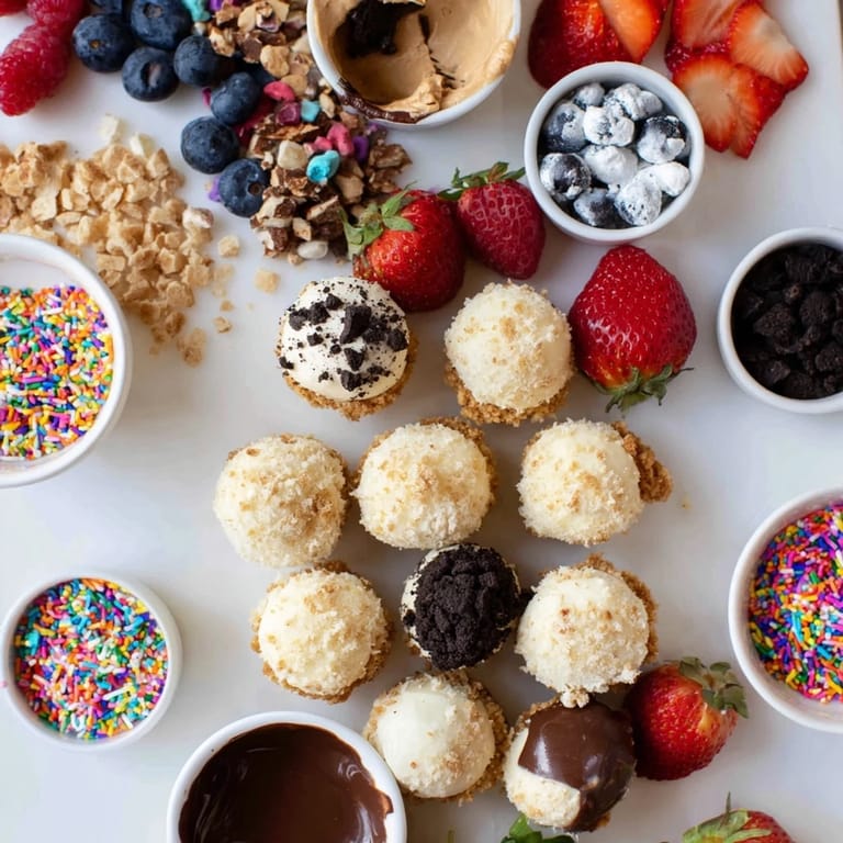 Decadent cheesecake bites sit on a platter, surrounded by vibrant toppings.