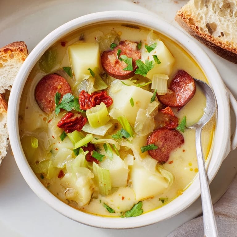 Comforting Potato, Leek & Chorizo Soup, perfect for chilly evenings and cozy meals.
