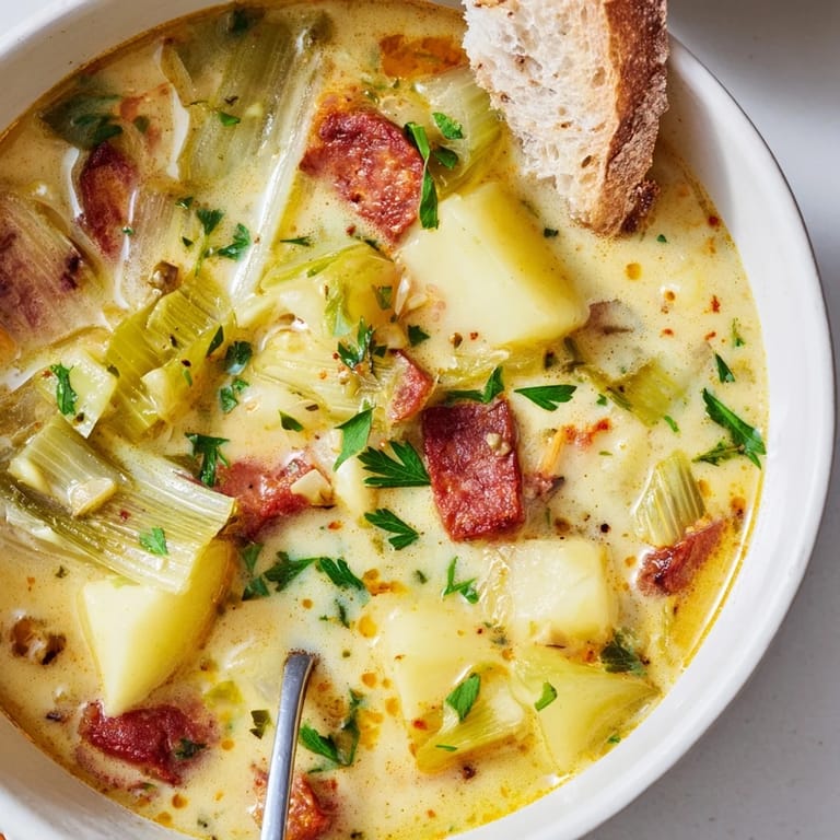 A steaming bowl of Potato, Leek & Chorizo Soup garnished with spicy sausage slices.  
