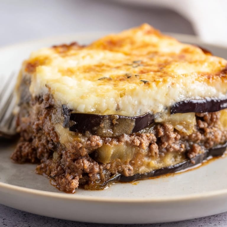 Delicious Moussaka layers of roasted eggplant, spiced beef, and golden cheese crust. 