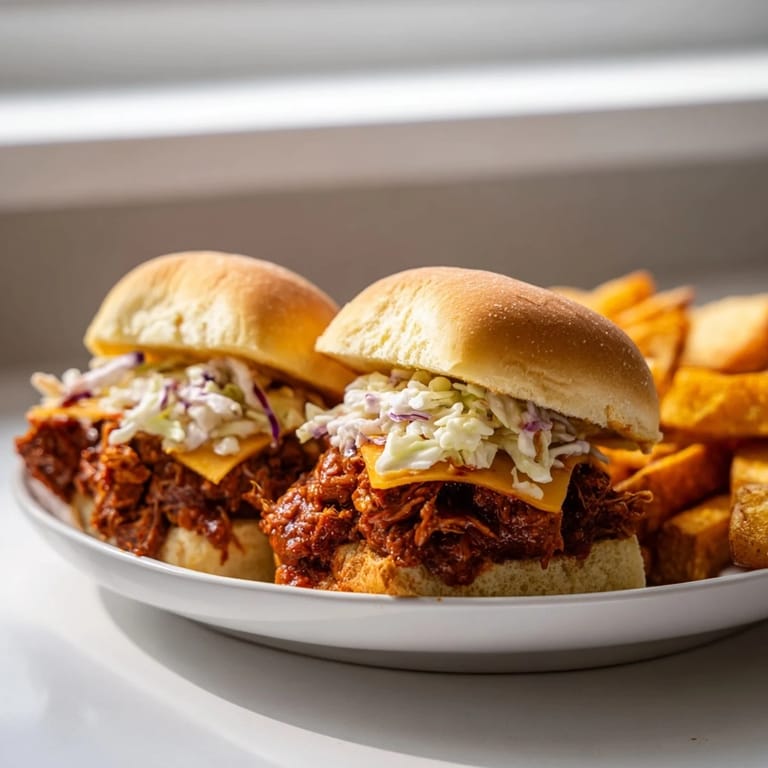 Warm slider buns overflowing with tender BBQ Chicken Sliders, cheese, and coleslaw with a side of fries.