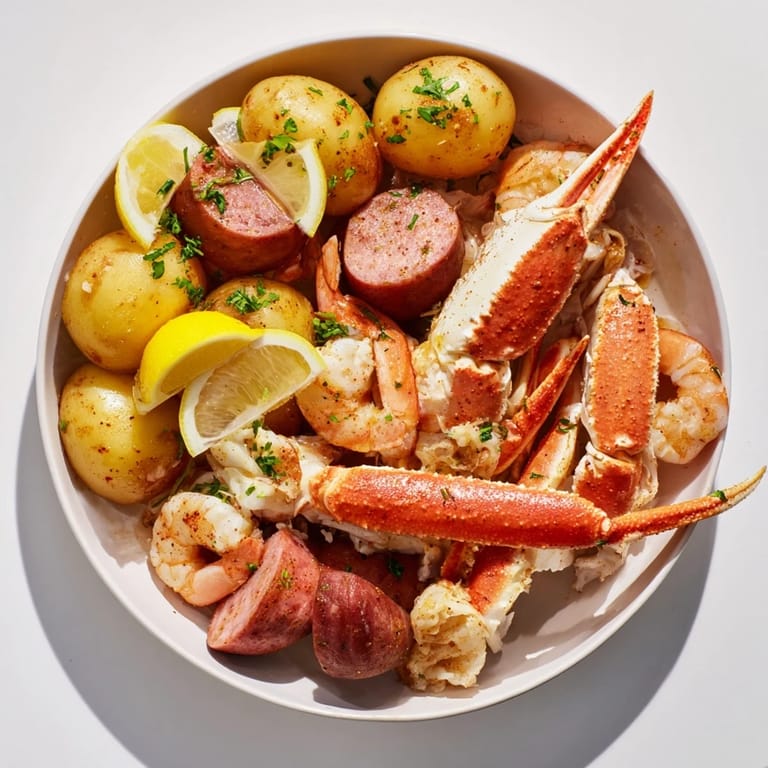 Aromatic Southern Seafood Boil with crab, plump shrimp, and spicy sausage laid out on a table.