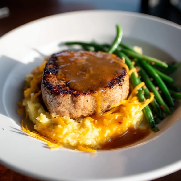 This image shows the comforting Pork Chops & Cheddar Mash Bowl, perfect for a satisfying dinner.
