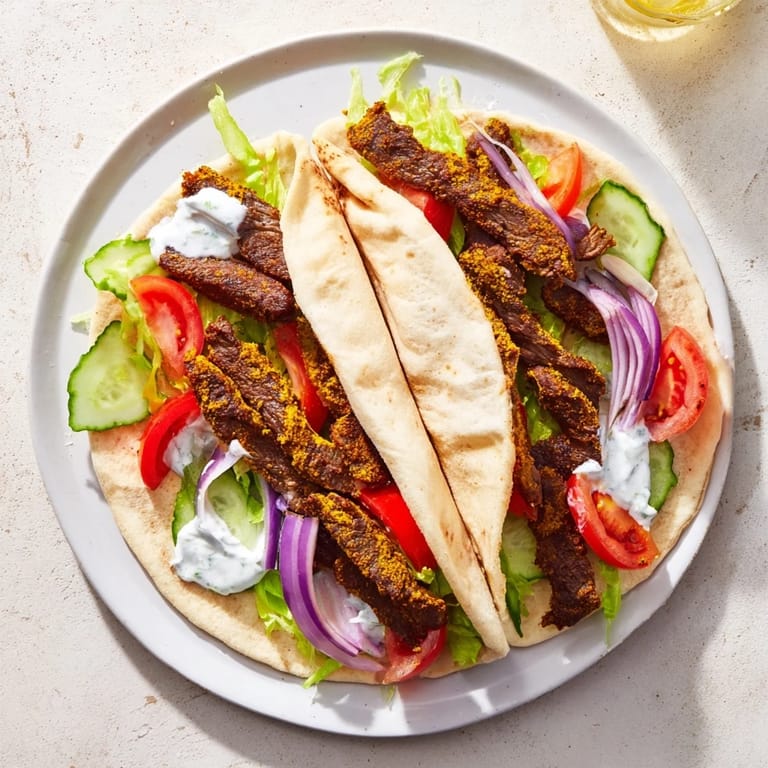 Delicious, richly-seasoned Beef Shawarma Wraps presented with fresh vegetables and creamy yogurt for a delightful meal.