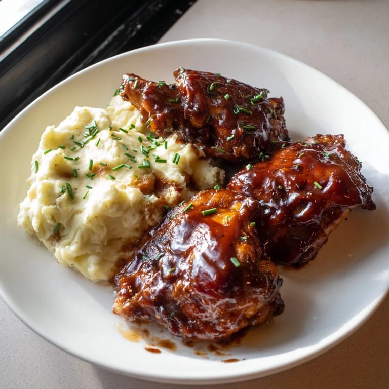 Image of Honey BBQ Chicken Thighs showing cooked, tender meat coated in a sweet and sticky glaze.