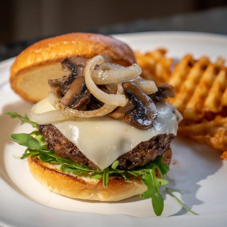 A close-up of a delicious Mushroom Swiss Burger, showcasing toppings and waffle fries on the plate.
