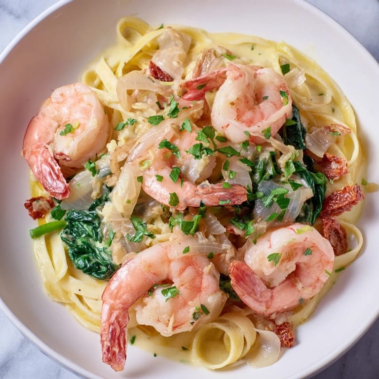 A close-up shot of Tuscan Garlic Shrimp Pasta featuring perfectly cooked shrimp and fettuccine.