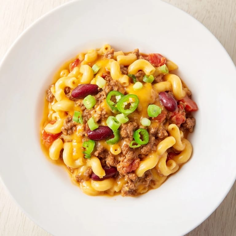 Close-up shot shows the deliciousness of Chili Cheese Dog Mac & Cheese, a family favorite.