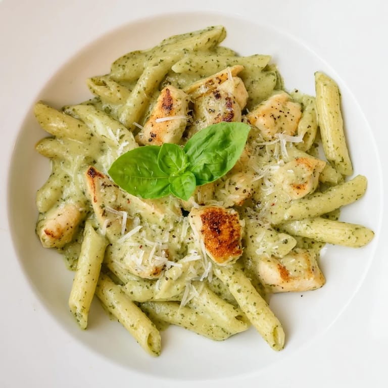 A close-up shot of Creamy Pesto Penne & Chicken, ready to be enjoyed, garnished with fresh basil leaves.