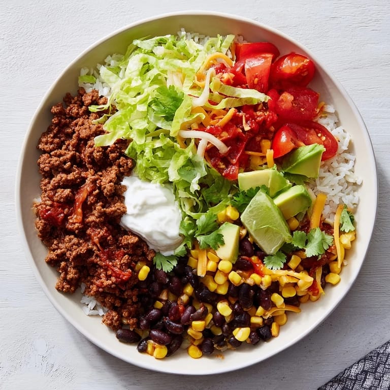 A close-up shot of a savory Loaded Beef Burrito Bowl, filled to the brim with textures and flavors.