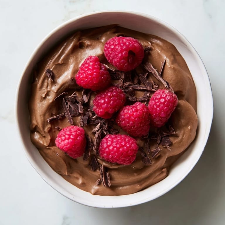 Dark chocolate shaved over creamy avocado chocolate mousse and fresh raspberries for a delicious dessert.